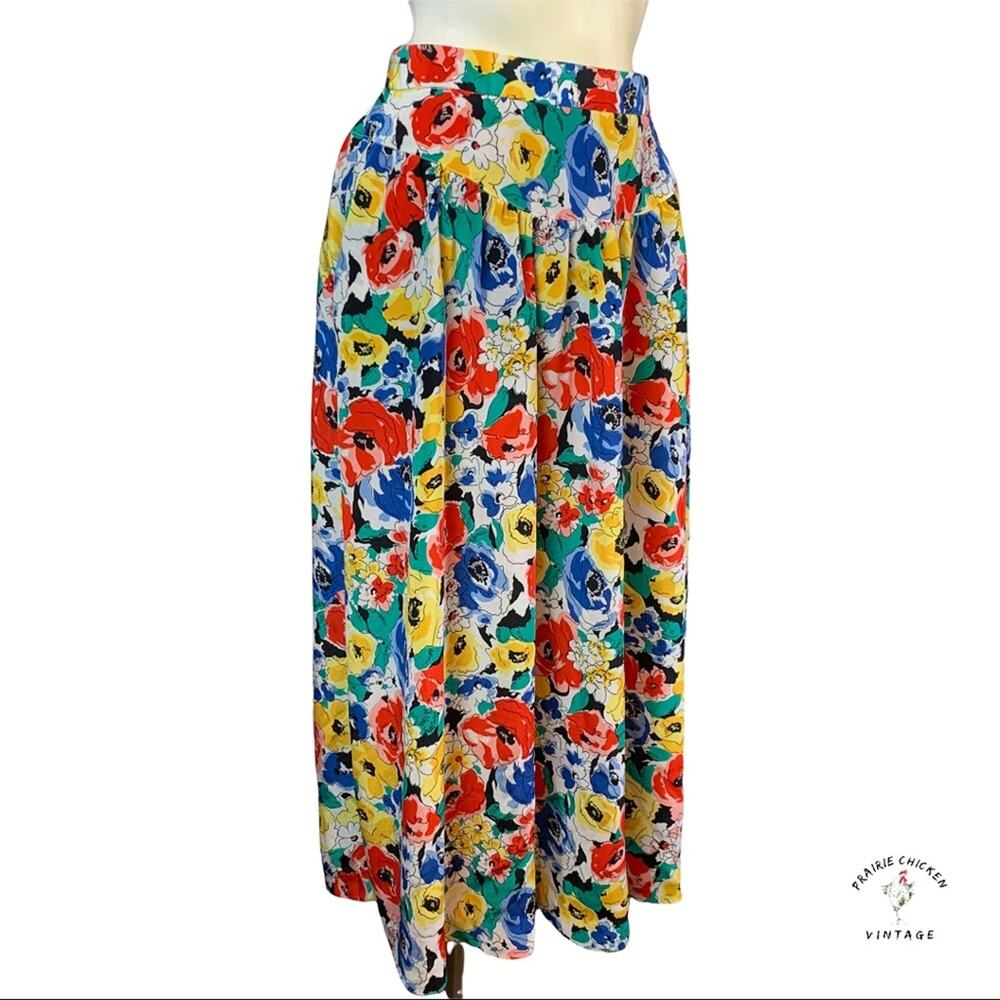 Vintage 80s Vera Lane Floral Midi Skirt Medium Colorful Cottagecore Retro